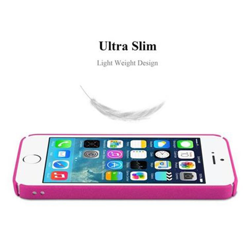 Funda de teléfono rosa con iconos y un gráfico de pluma blanca. El pie de foto dice 'Ultra Slim Light Weight Design'.