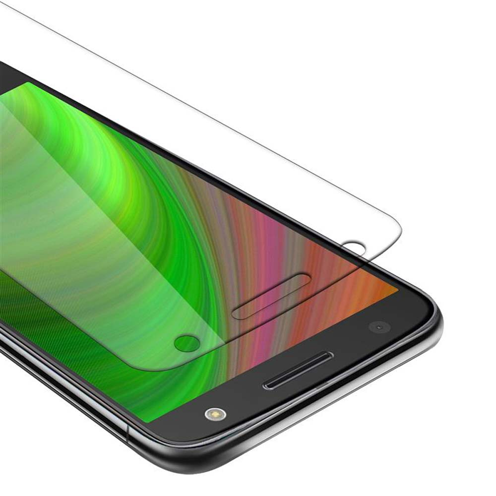 Telefono con protezione schermo. Lo schermo ha un motivo astratto colorato.