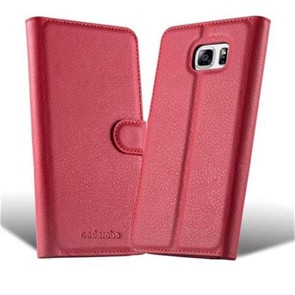 Due custodie rosse per telefono, una aperta e una chiusa. Entrambe hanno una trama in pelle.