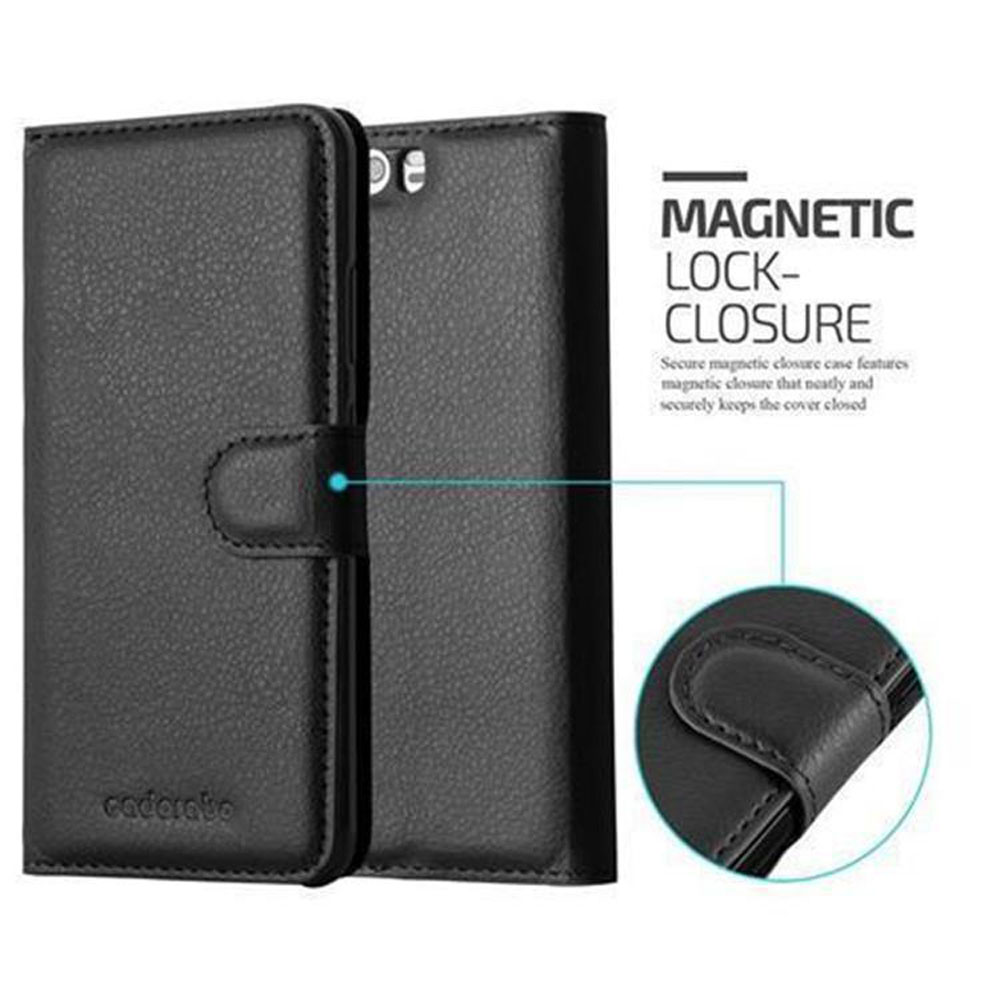 Custodia per telefono nera. La custodia ha una chiusura magnetica. La custodia è chiusa e viene mostrato un dettaglio.
