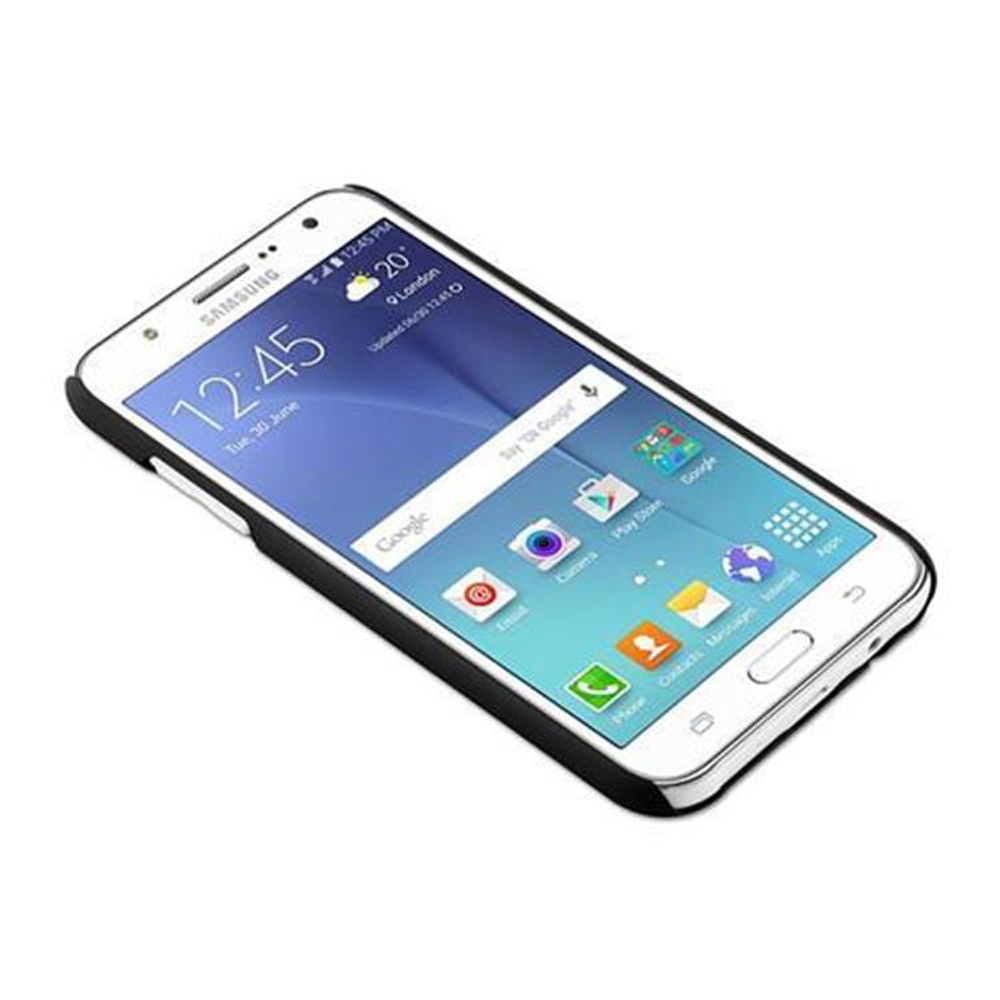 Weißes Samsung-Telefon mit schwarzer Hülle. Der Bildschirm zeigt App-Symbole und die Uhrzeit '12:45'.