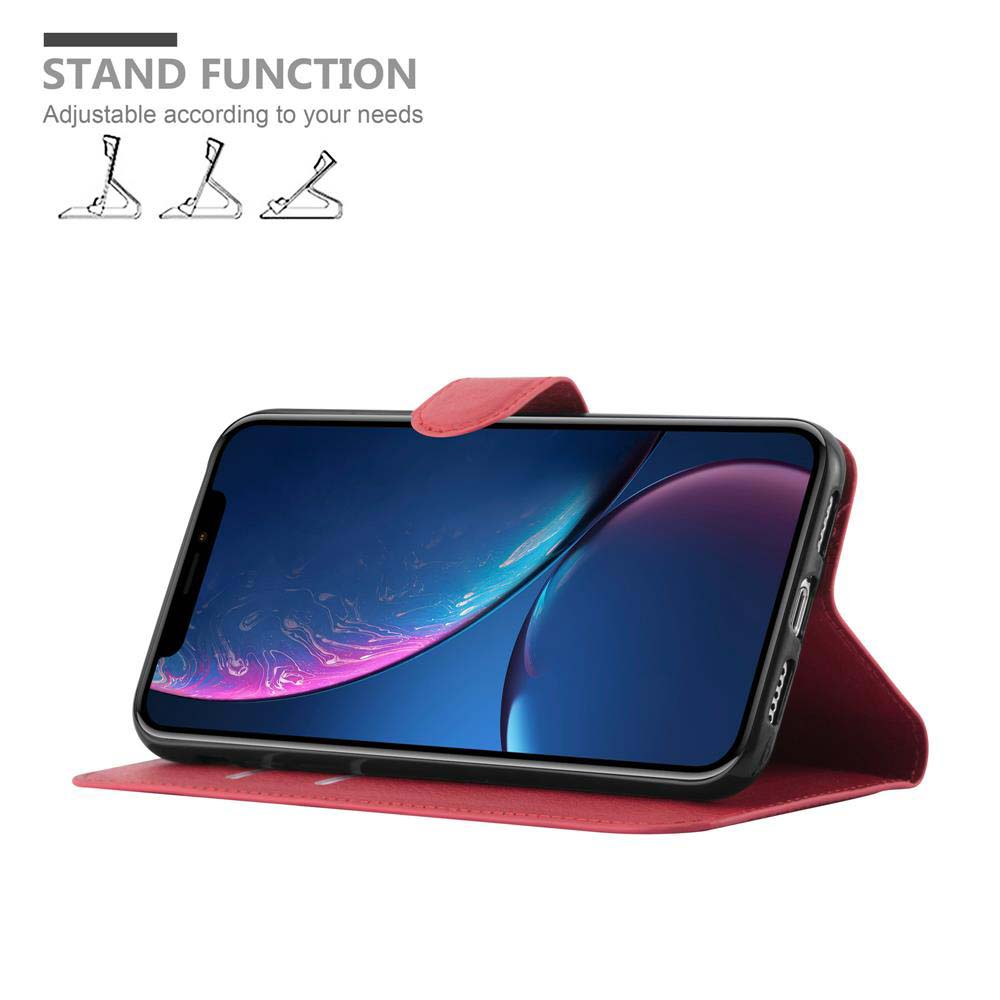 Telefon in roter Hülle, Standfunktion, mit drei verschiedenen Standpositionen.