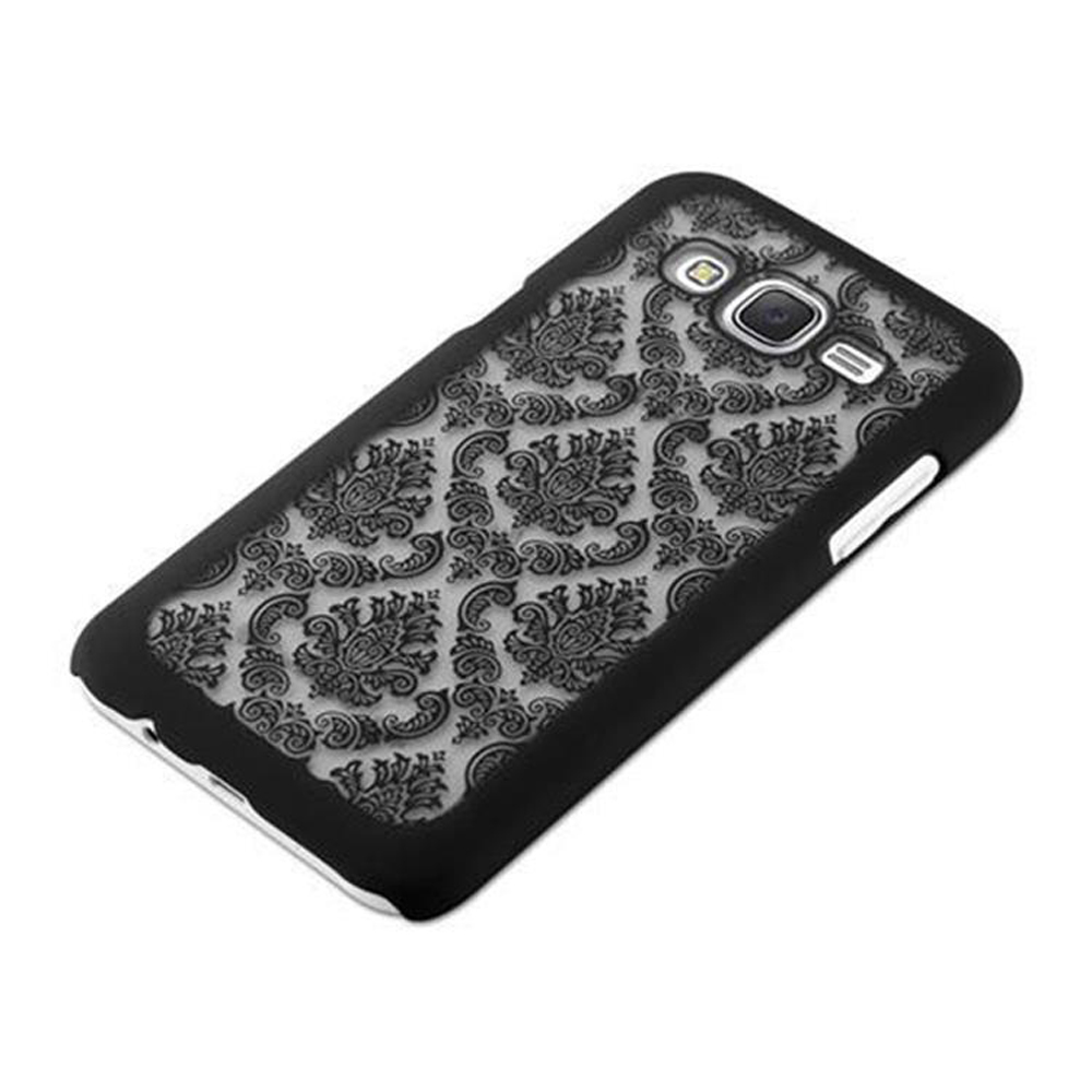 Schwarze gemusterte Handyhülle mit floralem Design auf weißem Grund.