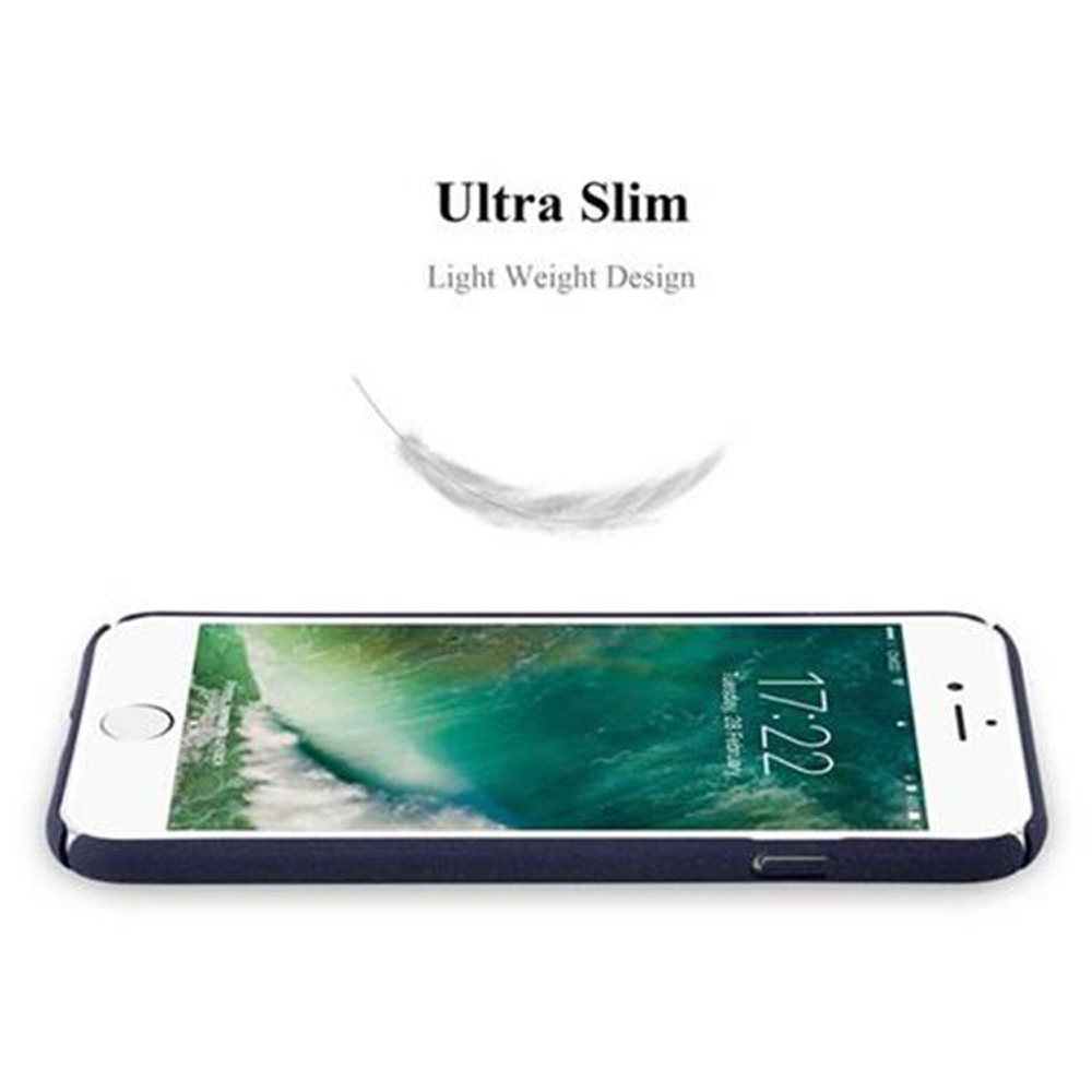 Telefono bianco con custodia blu scuro, testo: Ultra Slim, Design leggero.