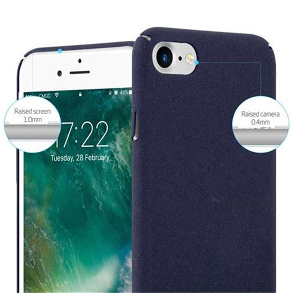 Telefono bianco con custodia blu. La custodia è a destra.