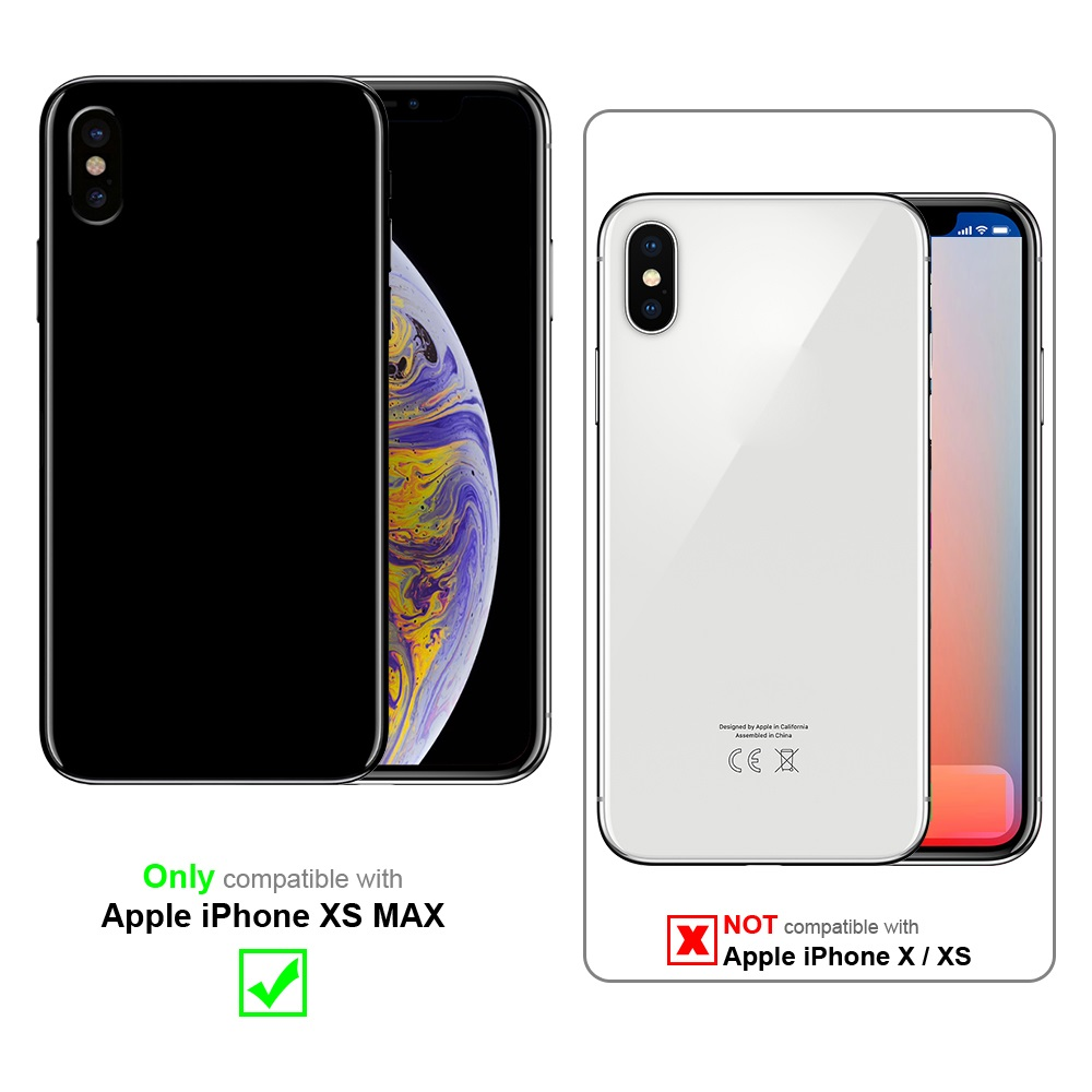 Zwei Telefone, eines schwarz und eines weiß. Text: Nur kompatibel mit Apple iPhone XS MAX, nicht X/XS.