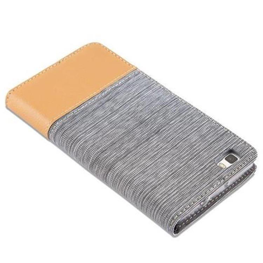 Custodia per telefono, beige e grigia, piatta. Parte superiore beige, corpo grigio.