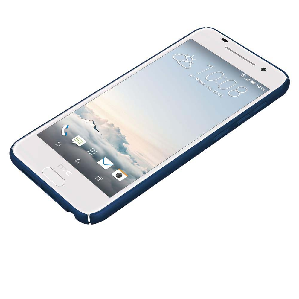 Weißes HTC-Telefon mit blauem Rand. Zeigt Zeit und Wetter auf dem Bildschirm.