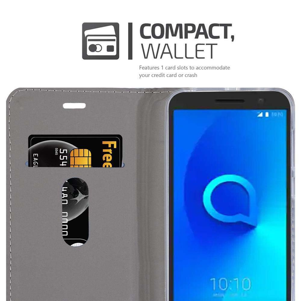Custodia nera per telefono con slot per carte e telefono che mostra l'ora. Il testo dice 'Compact, Wallet'.