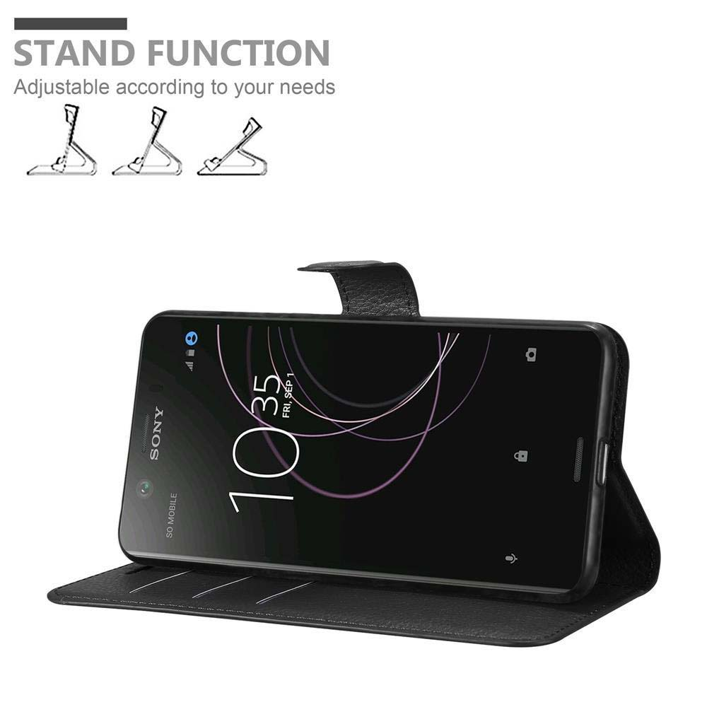 Ein Smartphone in einer schwarzen Hülle, geöffnet, um den Bildschirm zu zeigen. Die Hülle hat eine Standfunktion mit verstellbaren Stützen.