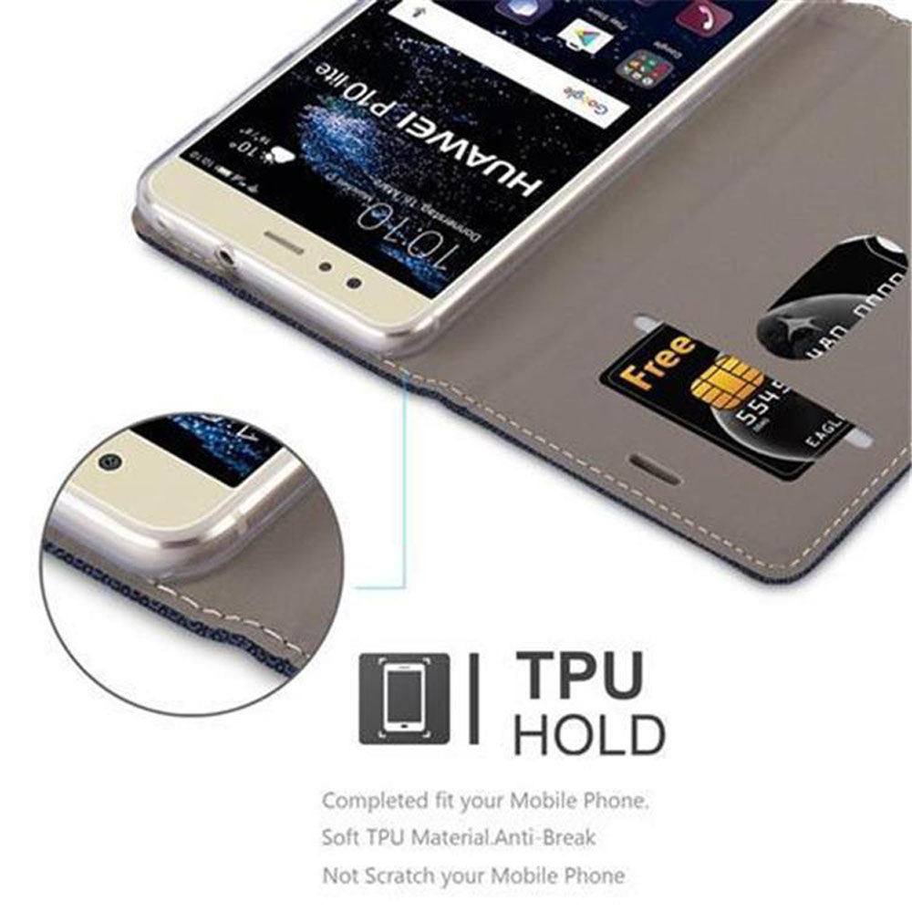 Telefono in una custodia con una carta. Testo: supporto TPU. Vestibilità completa per il tuo cellulare. Lo schermo mostra l'ora.