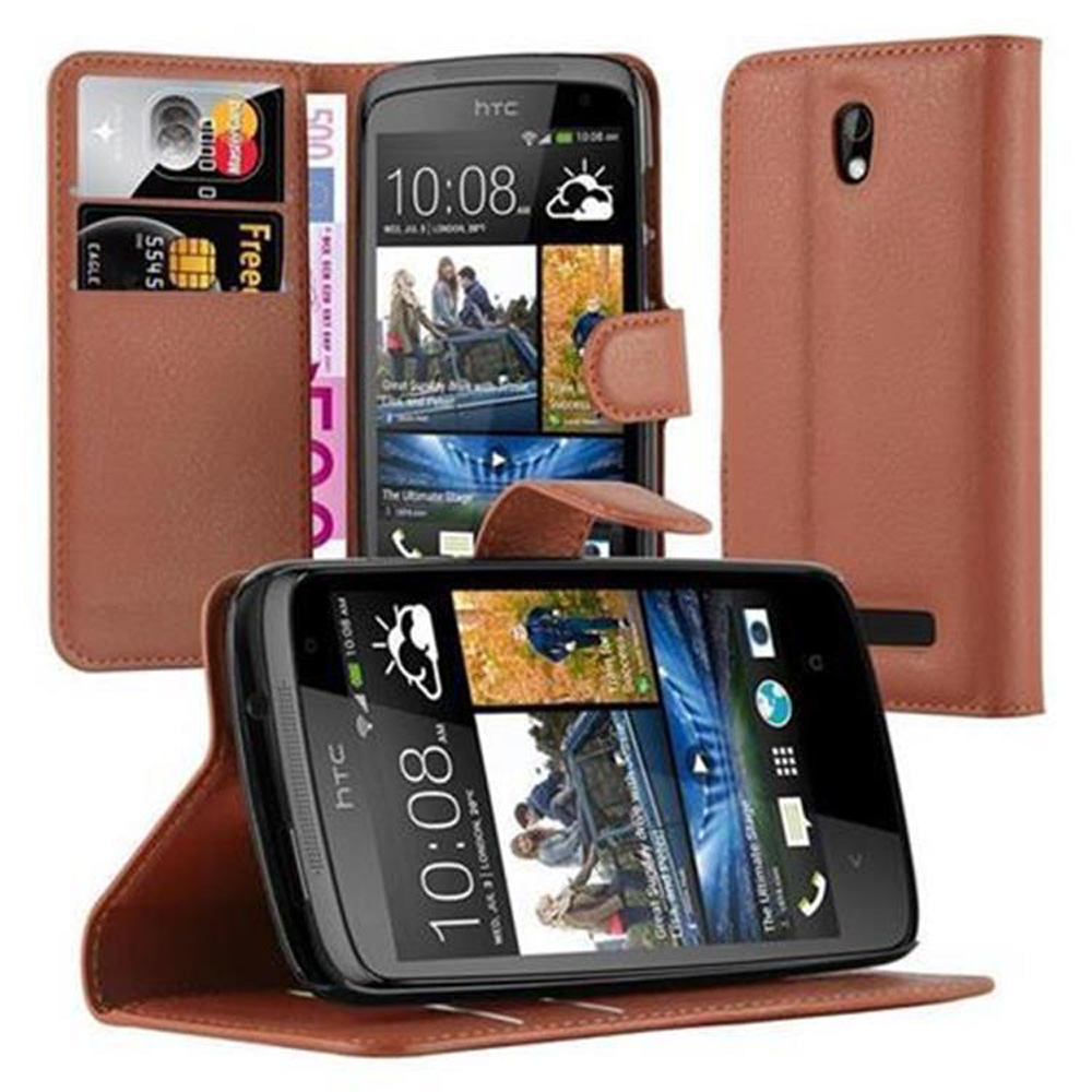 Braune Telefonbrieftasche hält ein schwarzes Telefon und Karten. Ein Telefon ist offen, das andere auf der Seite.