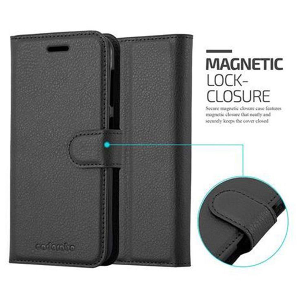 Una custodia per telefono nera con chiusura magnetica. La custodia è chiusa.