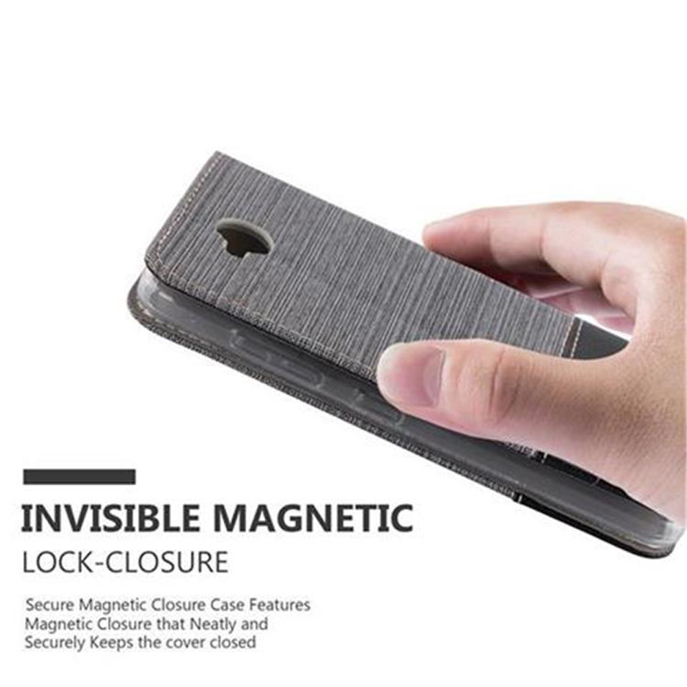 Funda de teléfono marrón con cierre magnético. El teléfono está dentro.