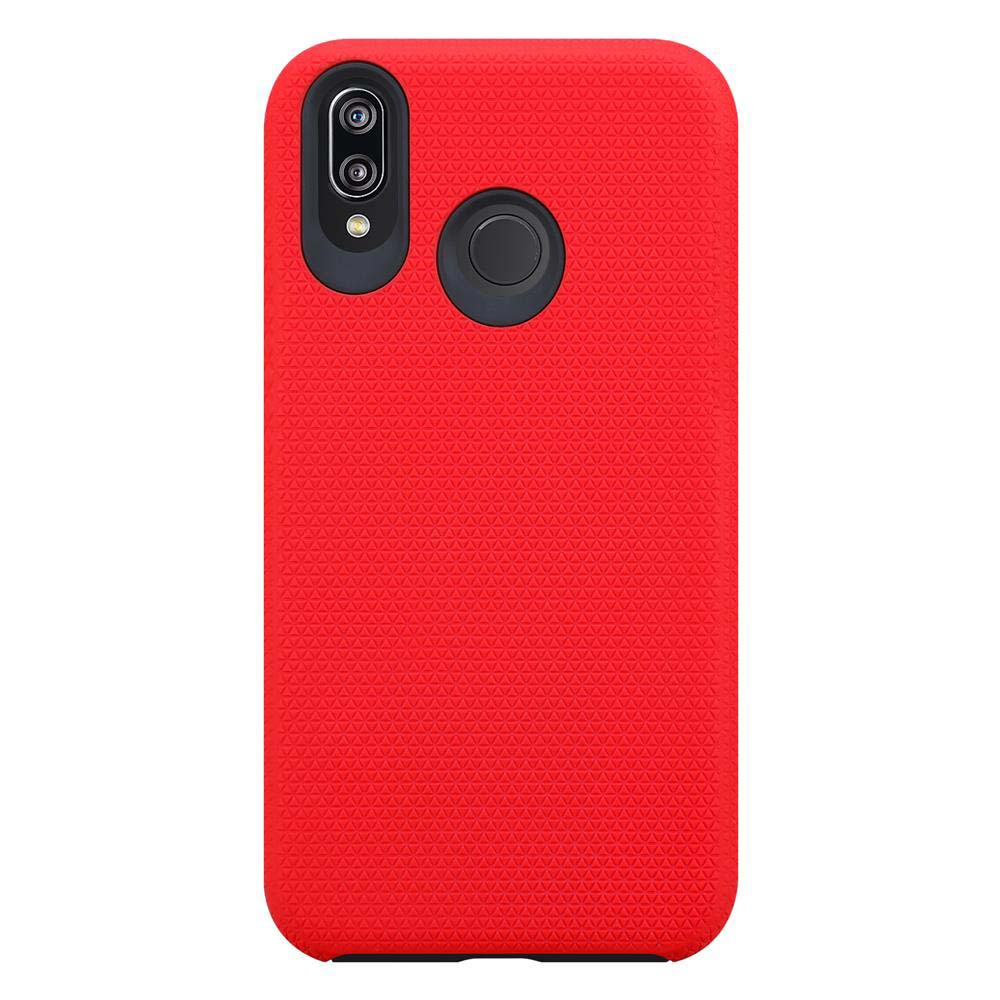Custodia per telefono rossa, con la fotocamera e l'area delle impronte digitali. Texture rossa sulla custodia.