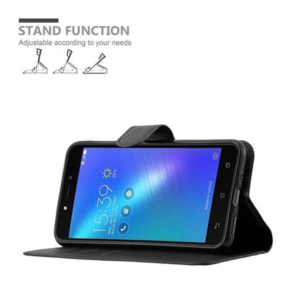 Telefono in una custodia nera, aperto. Lo schermo mostra l'ora. Funzione stand con diverse angolazioni.