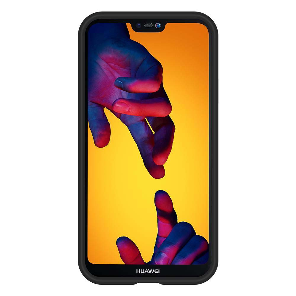 Un telefono nero con uno schermo che mostra uno sfondo giallo e arancione. Due mani si avvicinano al telefono.
