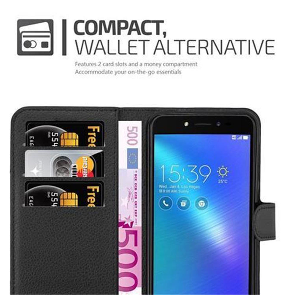 Un telefono in una custodia a portafoglio, con carte di credito e denaro visibili, che mostra l''alternativa al portafoglio'.