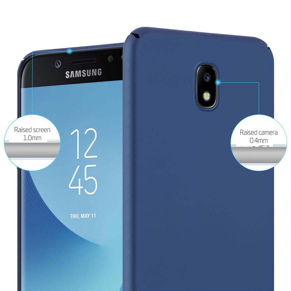 Custodia blu per telefono su un telefono Samsung. Il testo mostra 'Schermo rialzato 1,0 mm' e 'Fotocamera rialzata 0,4 mm'.