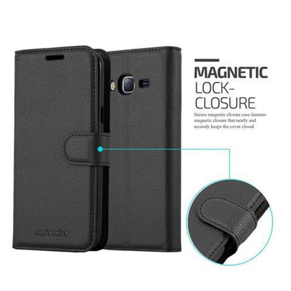 Zwei schwarze Handyhüllen, eine offen, mit Magnetverschluss. Text: 'Magnetischer Verschluss' mit Details.