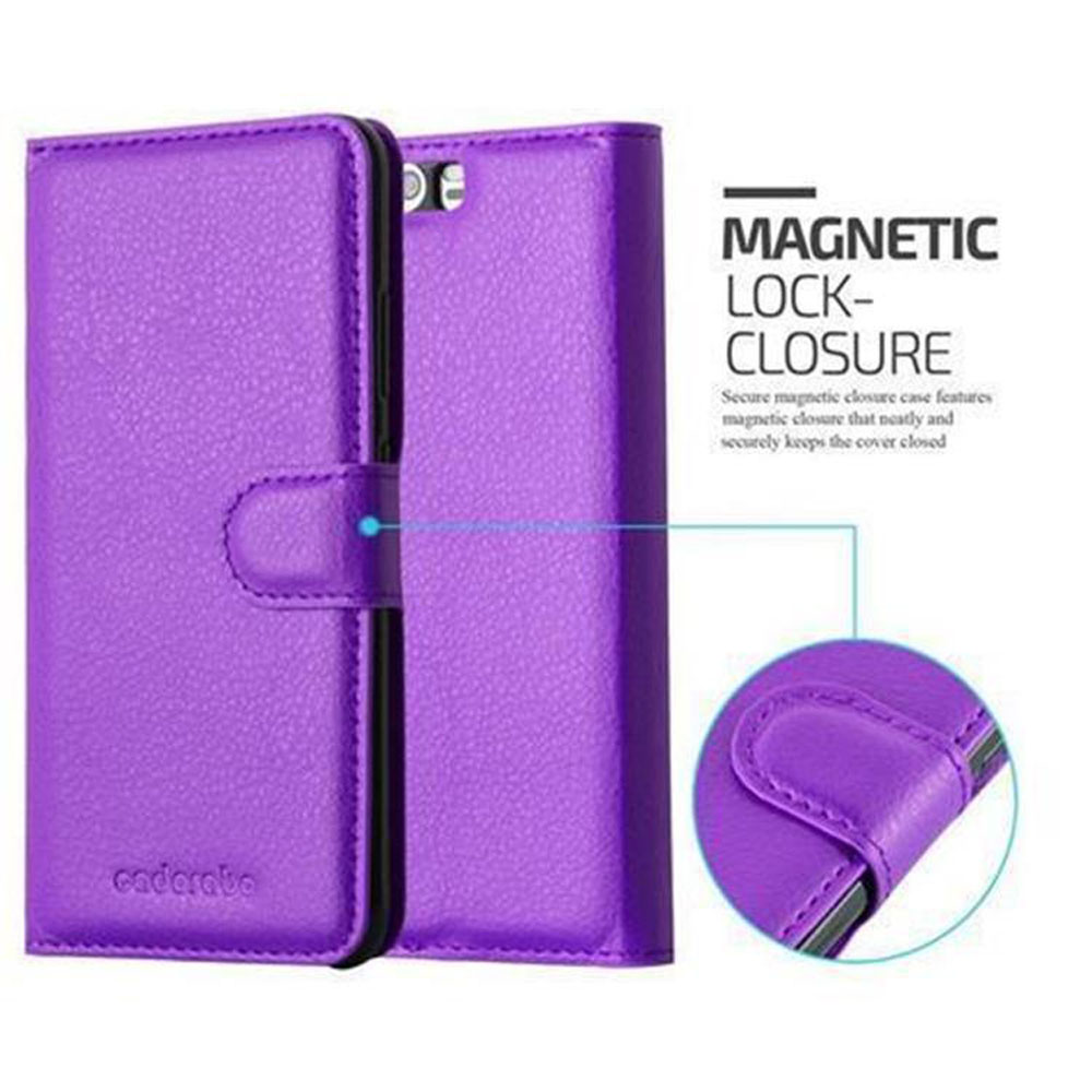 Custodia per telefono in pelle viola, con chiusura magnetica. La custodia è aperta e chiusa.