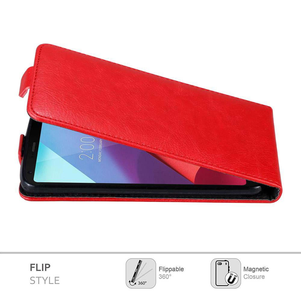 Una custodia per telefono rossa con un telefono all'interno. La custodia è aperta per mostrare il telefono e ha il testo, stile flip.