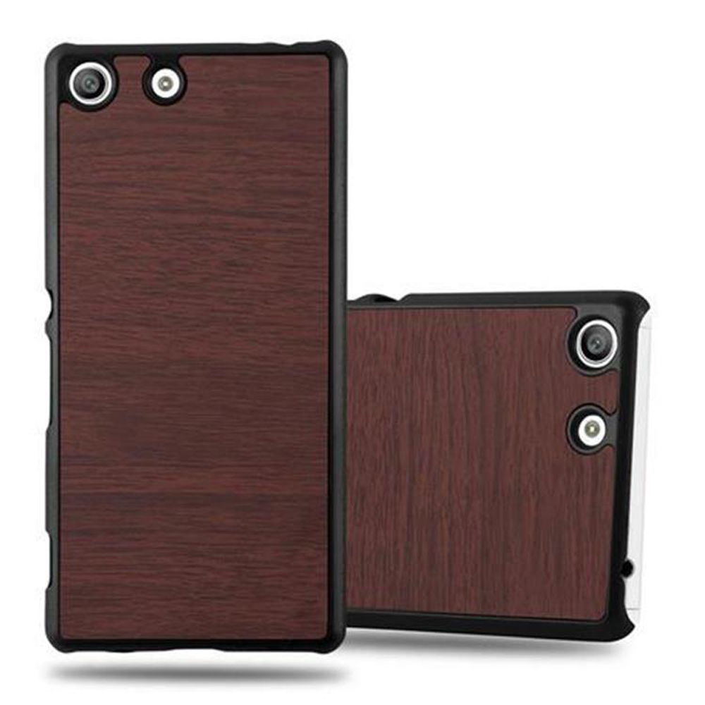Dos fundas para teléfono. Una vertical y otra horizontal. Ambas tienen efecto de vetas de madera.