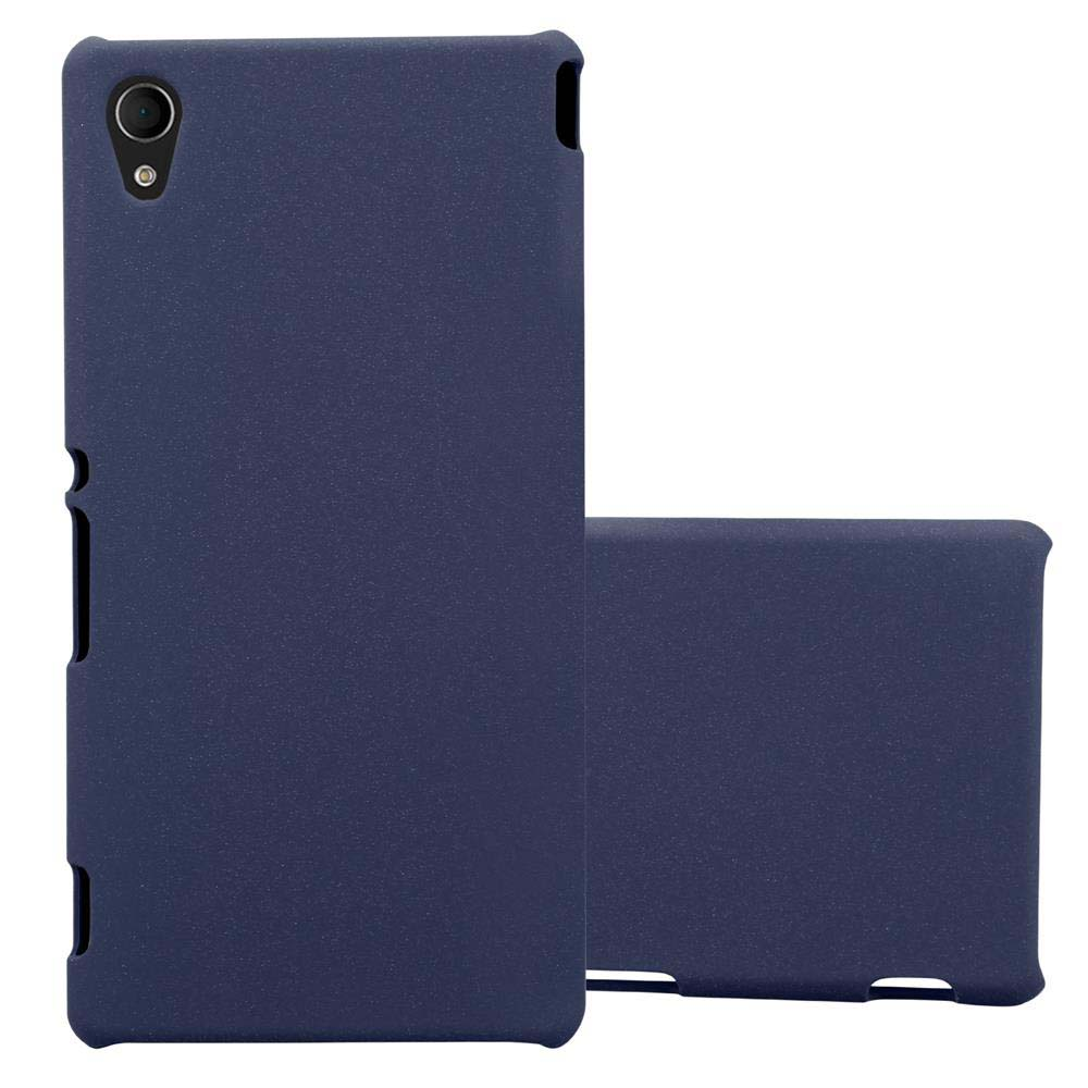 Dos fundas de teléfono azul oscuro, una de pie y otra tumbada. Ambas tienen cámara.