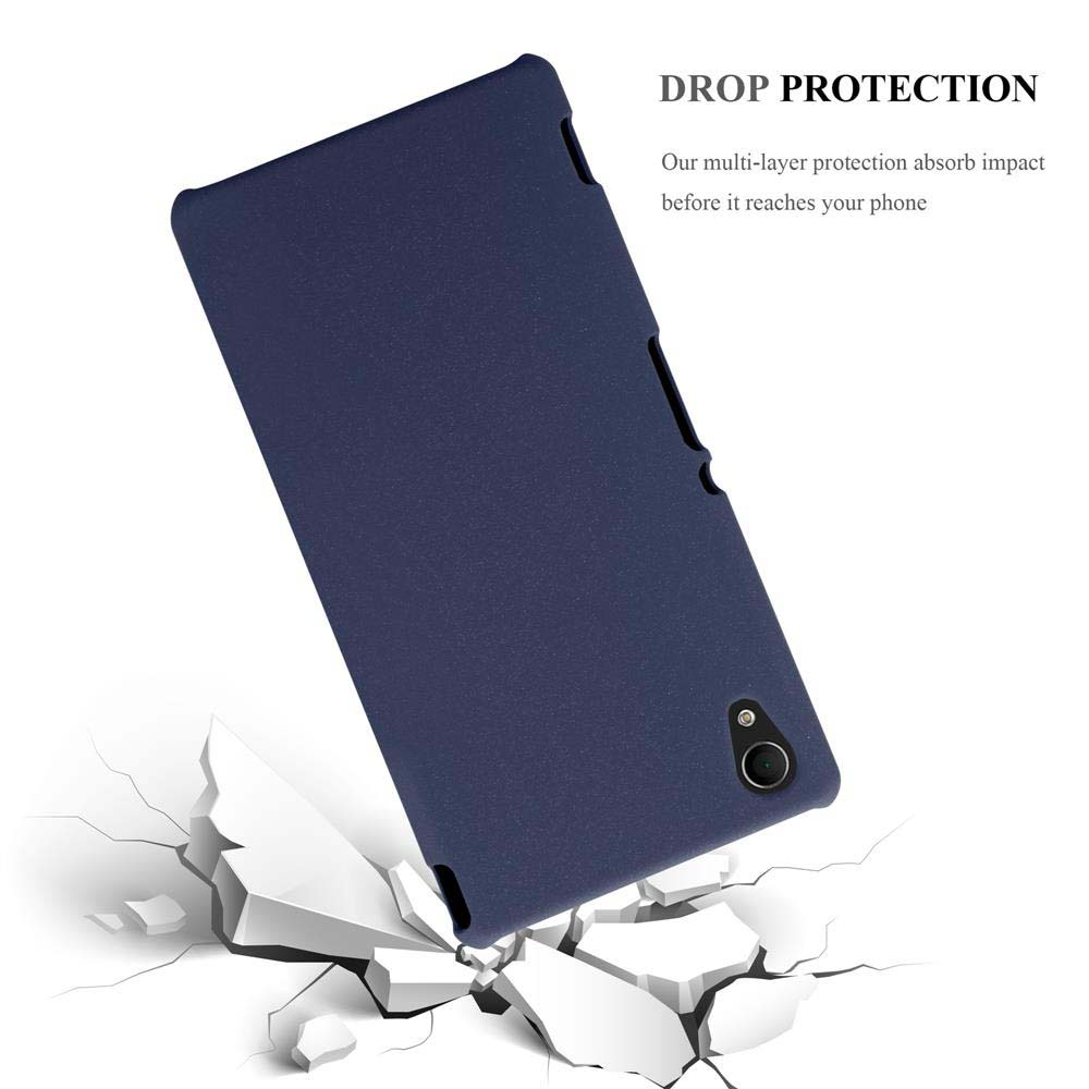 Una funda azul para teléfono con un teléfono cayendo y suelo destrozado debajo.