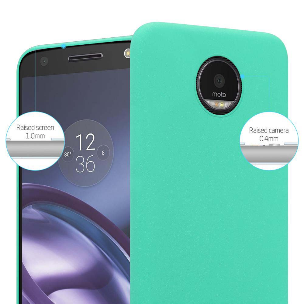 Un telefono in una custodia verde acqua. Lo schermo mostra l'ora. La custodia ha protezione schermo e fotocamera rialzata.