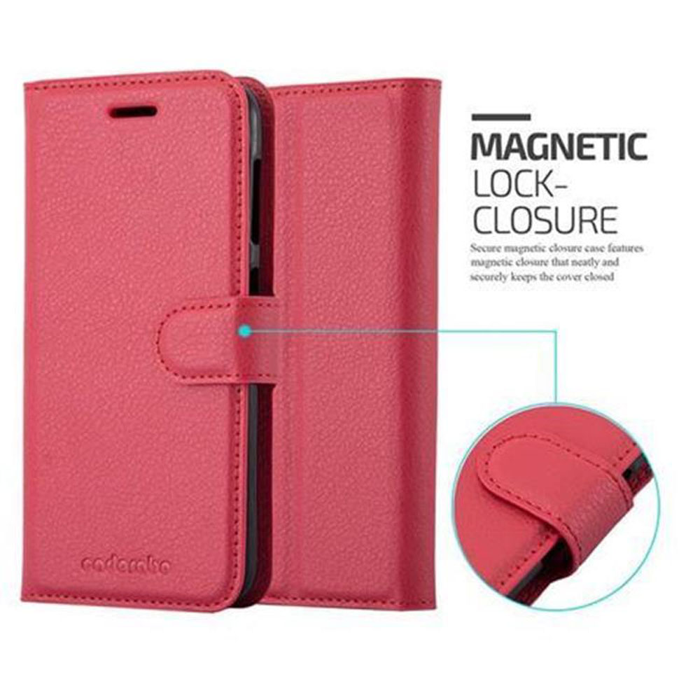 Una custodia per telefono in pelle rossa con chiusura magnetica, aperta per mostrare il telefono.
