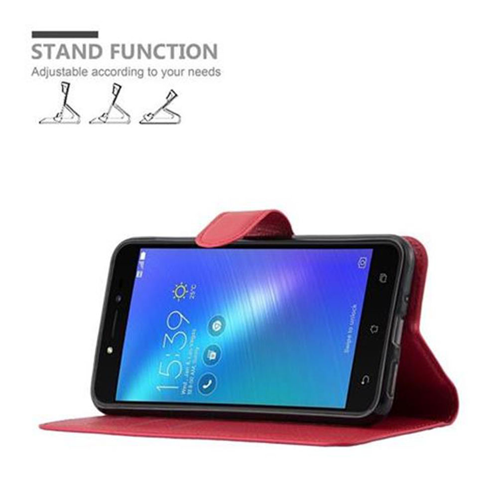 Telefono in custodia. Funzione supporto. Angolo regolabile. Custodia nera e rossa.