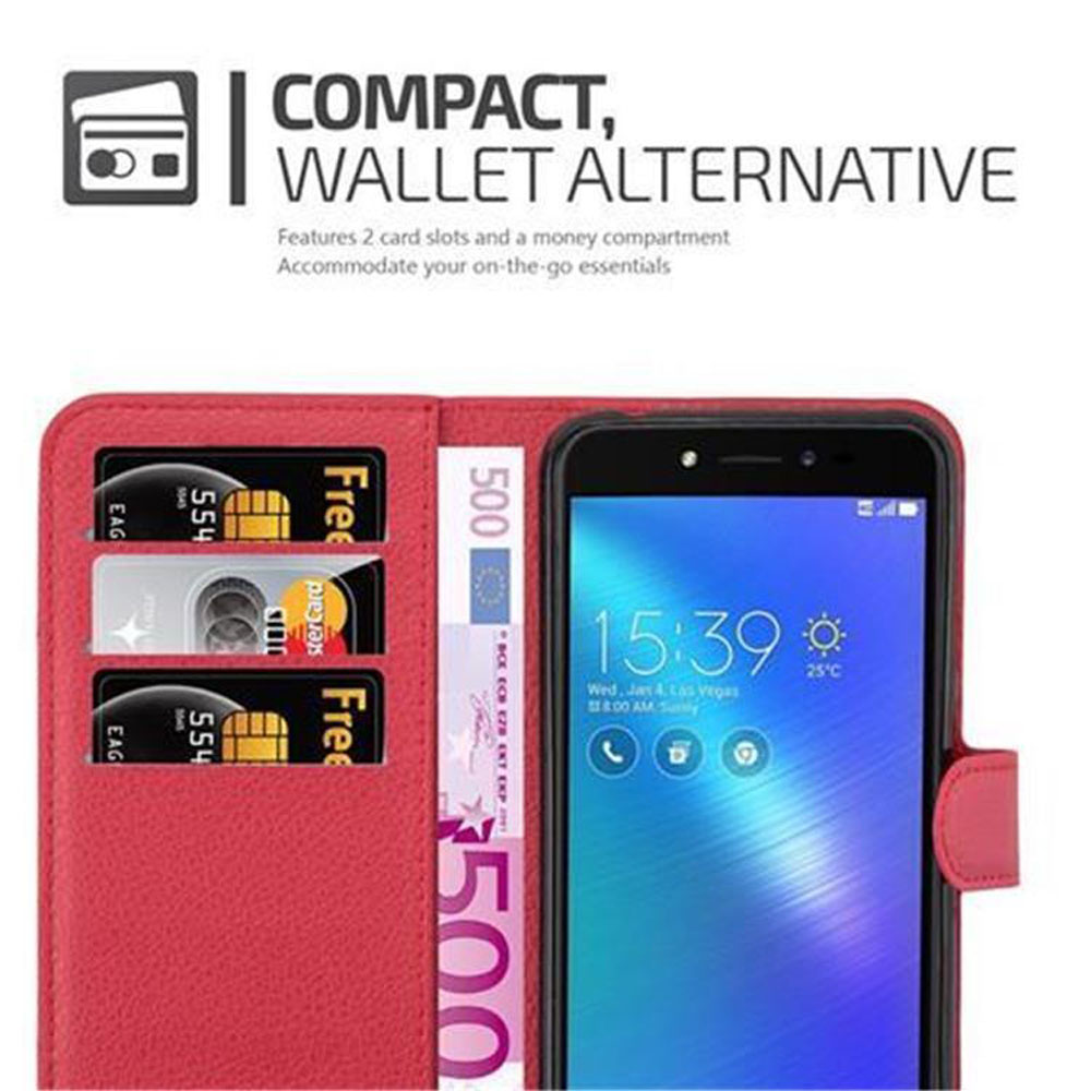 Custodia a portafoglio rossa per telefono con un telefono all'interno. Ha scomparti per carte e un vano per soldi.