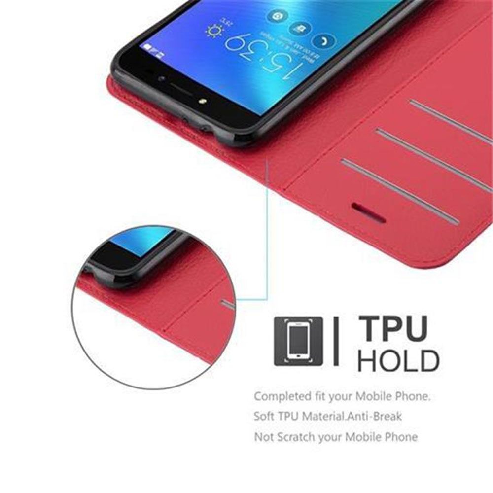 Telefono in custodia rossa, aperto. Lo schermo mostra l'ora e alcune icone. Testo: TPU HOLD, anti-rottura.