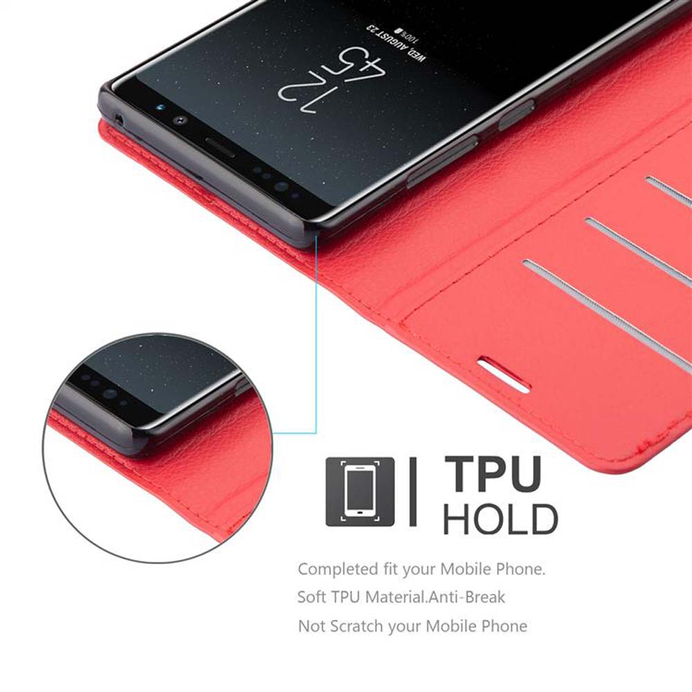 Custodia rossa per telefono con telefono all'interno. Il dettaglio TPU HOLD è mostrato, con il telefono nella custodia.