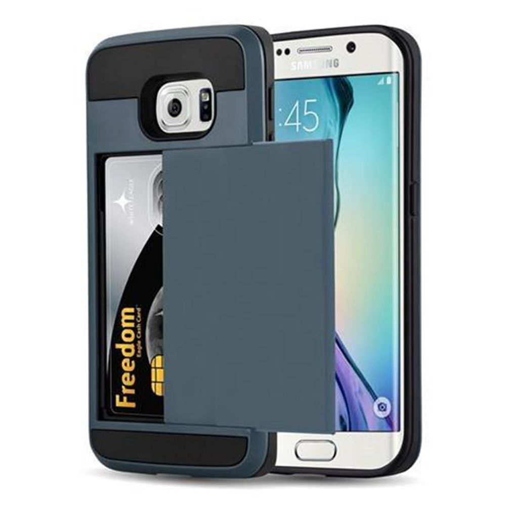 Custodia blu con telefono e carte di credito. Il telefono ha un fronte bianco e una custodia blu.
