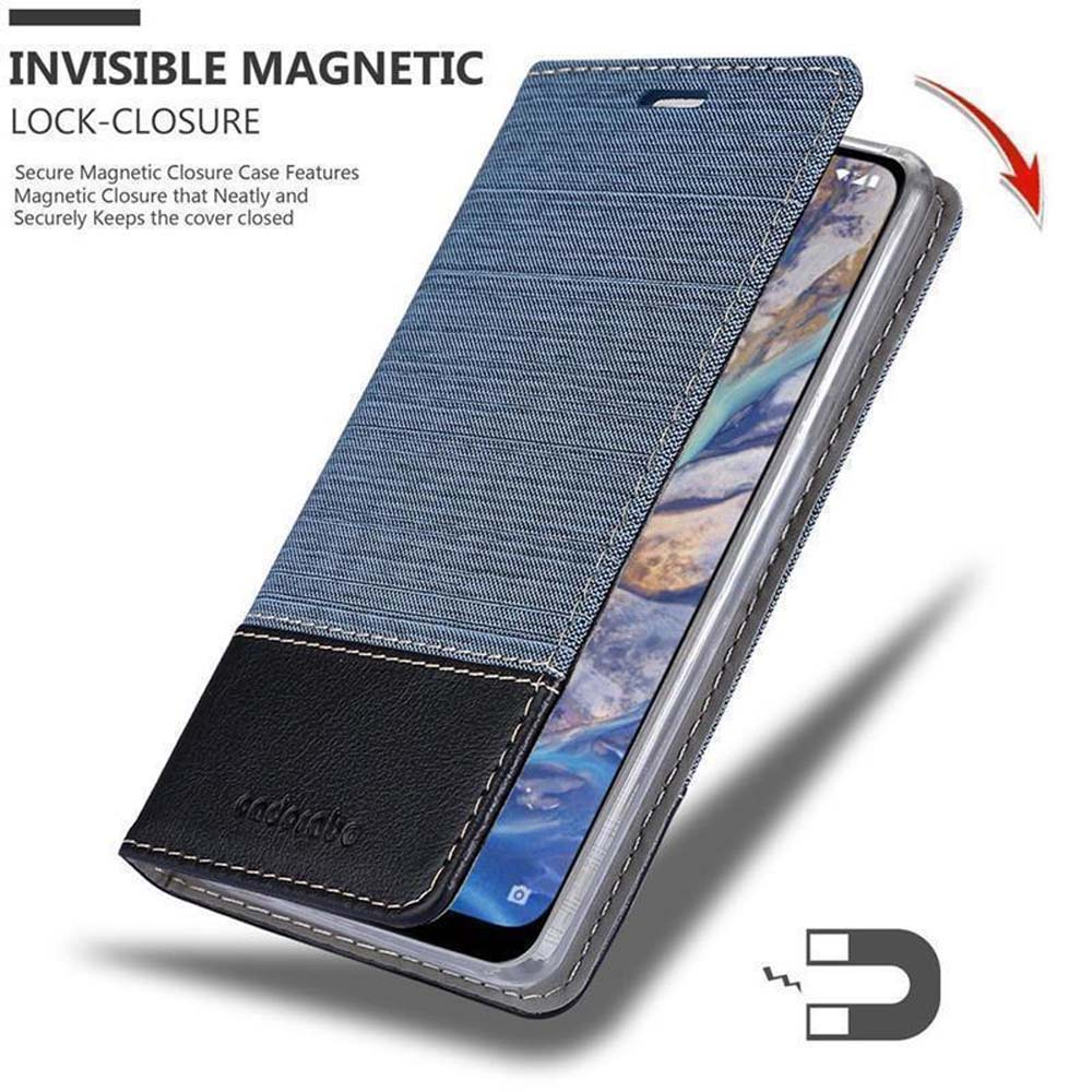 Geöffnete Handyhülle, zeigt Smartphone. Das Case ist denimblau mit schwarzem Rand. Ein Magnet ist sichtbar.