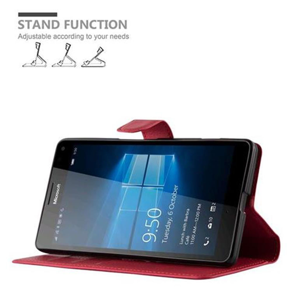 Telefono nero in custodia rossa. Illustrazione della funzione supporto. Testo sullo schermo.