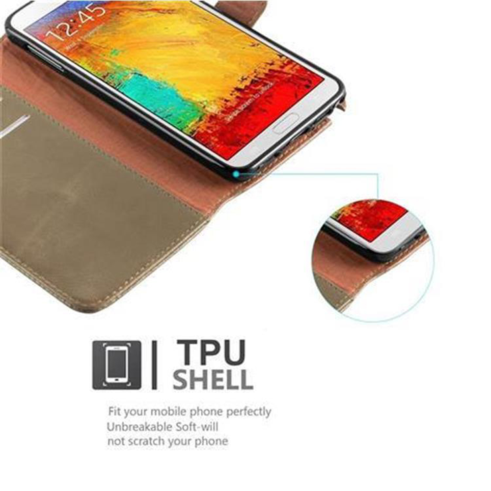 Teléfono en funda abierta. Texto: 'TPU SHELL'. Funda marrón, sobre superficie blanca.
