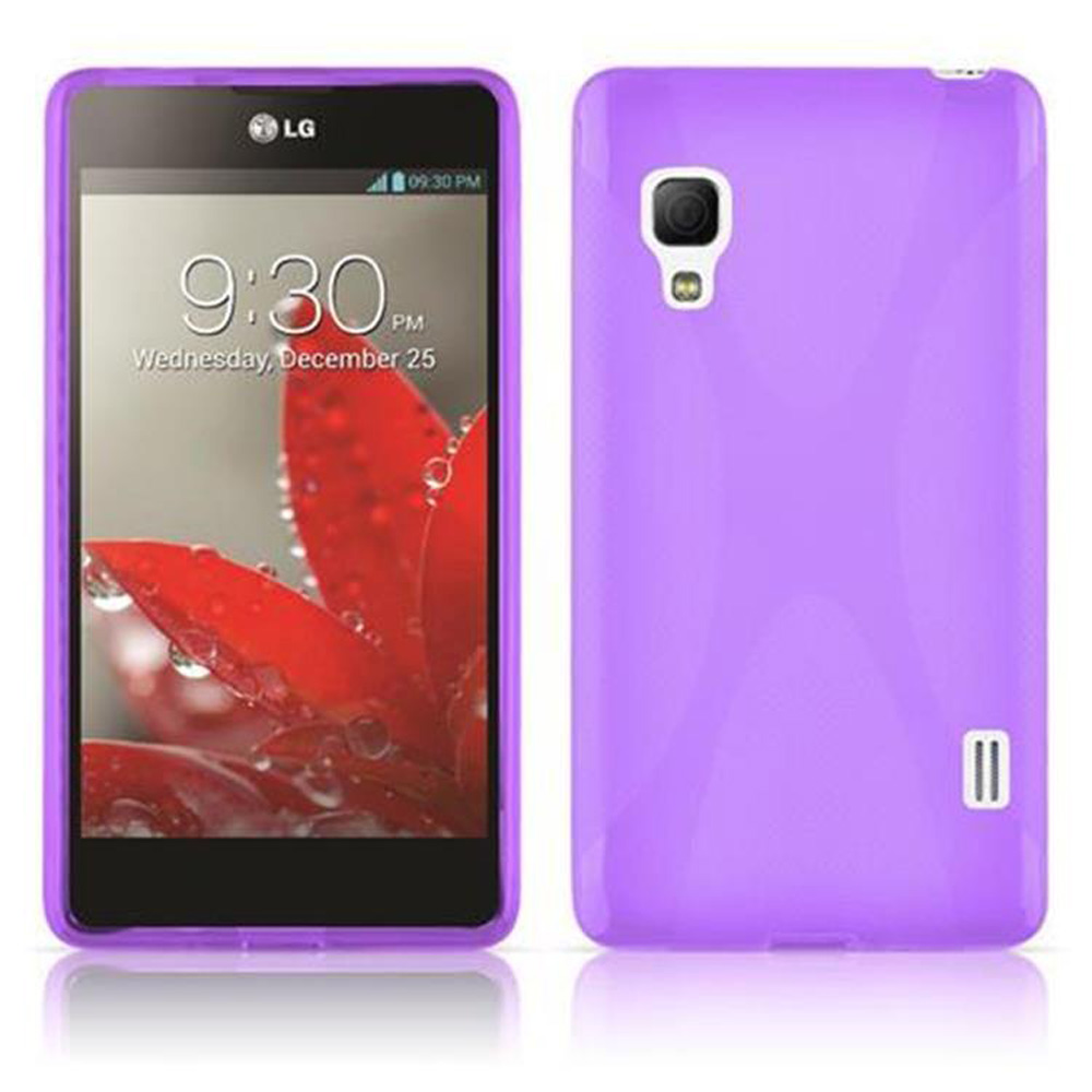 Custodia per telefono viola con telefono all'interno, che mostra un'immagine floreale sullo schermo.