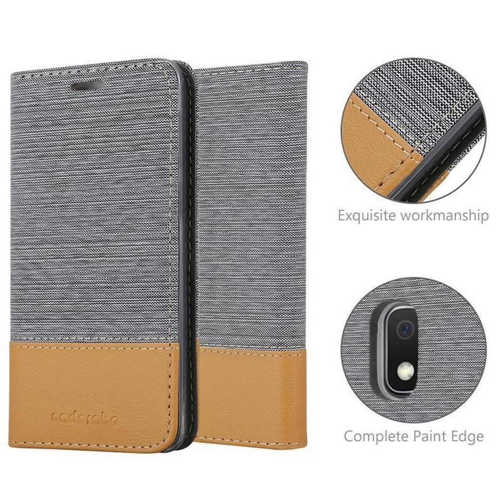 Custodia per telefono con design grigio e marrone. Mostra la custodia chiusa e aperta, con dettagli delle cuciture.