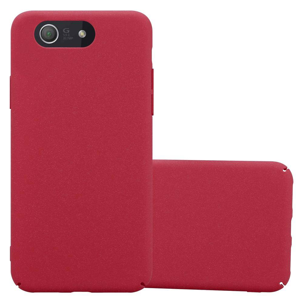 Zwei rote Handyhüllen, eine aufrecht und die andere liegend. Beide haben ein einfaches Design.