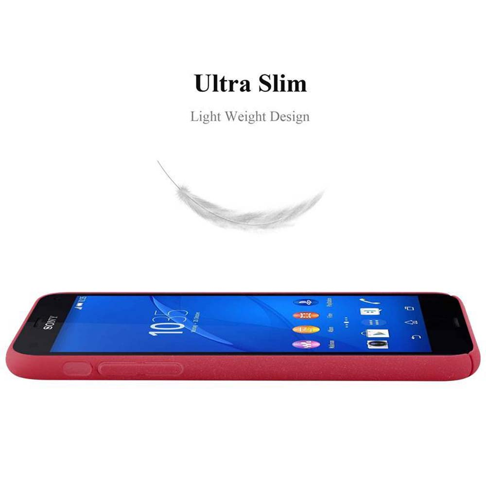 Ein rotes Telefon mit Hülle. Das Telefon liegt auf der Seite und wird mit einer Feder in der Nähe gezeigt.