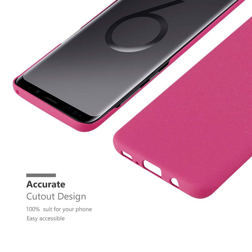 Un telefono rosa e una custodia rosa. Viene pubblicizzato il design di ritaglio preciso.
