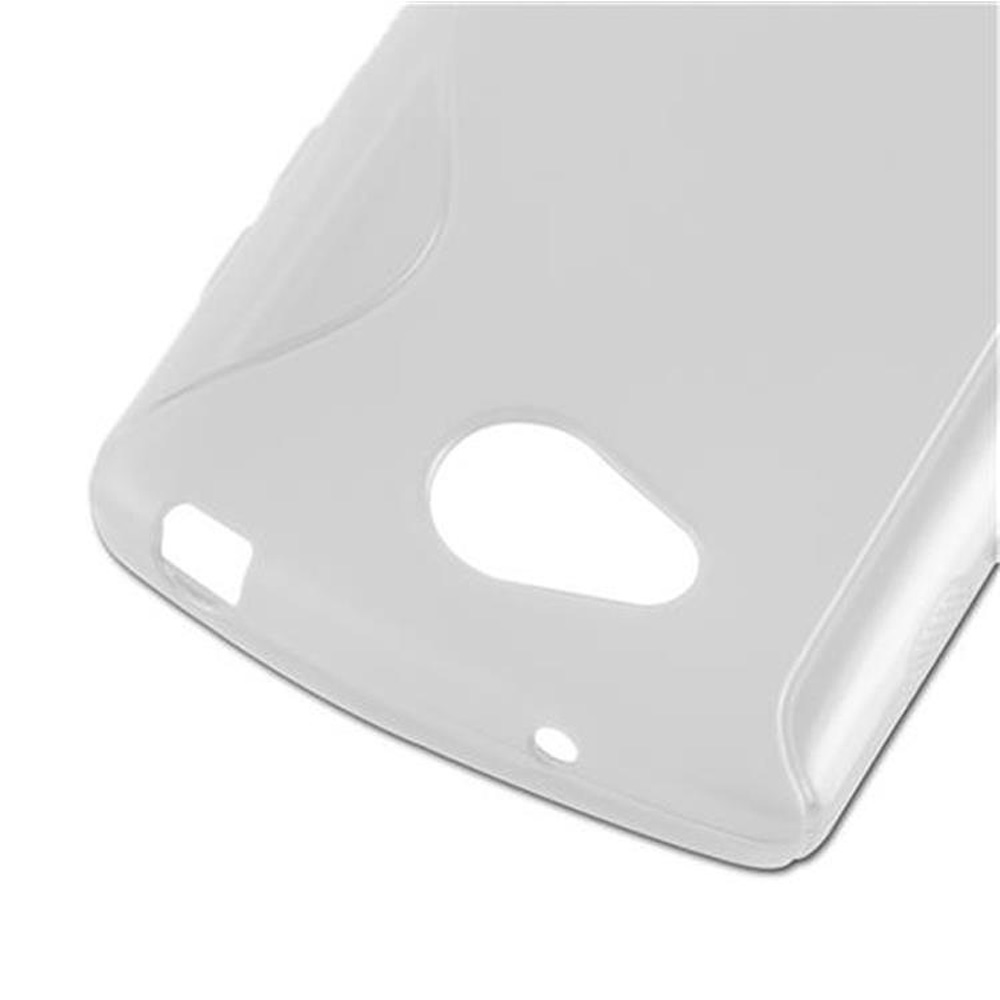 Una custodia trasparente per telefono. La custodia ha ritagli per la fotocamera e le porte. La custodia è in plastica morbida e trasparente.