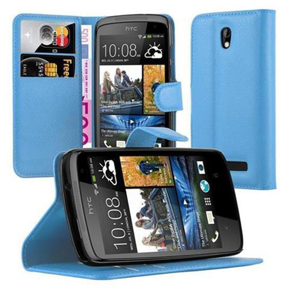 Blaues Telefon mit offener Hülle, Geld und Karten. Zwei Telefone gezeigt. Die Hülle ist blau.