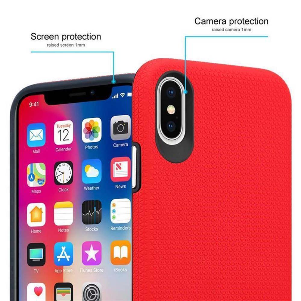 Custodia per telefono rossa con un telefono all'interno. Lo schermo mostra le icone delle app.