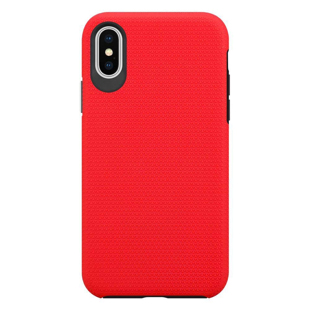 Custodia rossa con superficie strutturata e foro per la fotocamera.