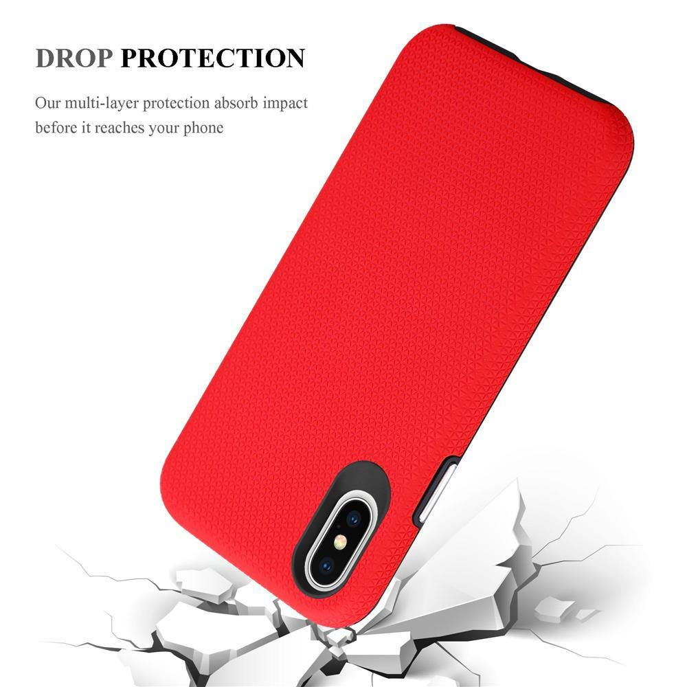 Una custodia rossa per telefono, angolata con sfondo bianco, con testo sulla protezione dalle cadute.