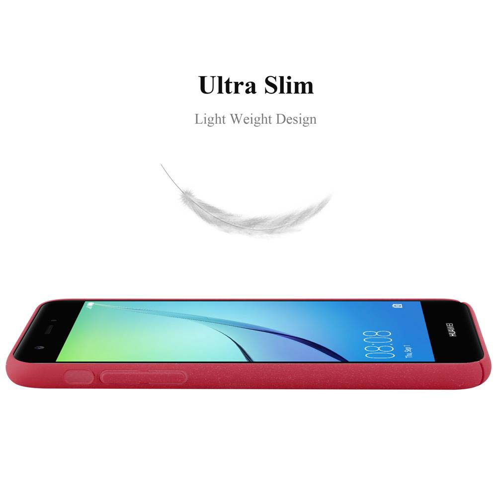 Custodia rossa per telefono, vista laterale. Testo: Ultra Slim. Design leggero. Una piuma è sopra la custodia.